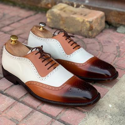 Bespoke white & brown square toe leather shoes,men handmade dress oxford shoes - Thumbnail 1