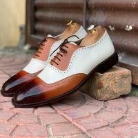 Bespoke White & Brown Square Toe Leather Shoes,Men Handmade Dress Oxford Shoes - Thumbnail 2