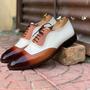 Bespoke White & Brown Square Toe Leather Shoes,Men Handmade Dress Oxford Shoes-2