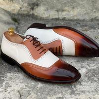 Bespoke White & Brown Square Toe Leather Shoes,Men Handmade Dress Oxford Shoes - Thumbnail 3