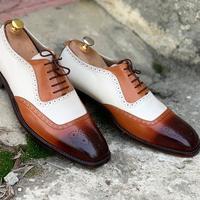 Bespoke White & Brown Square Toe Leather Shoes,Men Handmade Dress Oxford Shoes - Thumbnail 5