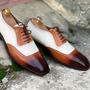 Bespoke White & Brown Square Toe Leather Shoes,Men Handmade Dress Oxford Shoes-1