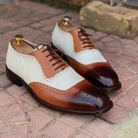 Bespoke White & Brown Square Toe Leather Shoes,Men Handmade Dress Oxford Shoes - Thumbnail 6