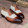 Bespoke White & Brown Square Toe Leather Shoes,Men Handmade Dress Oxford Shoes-2