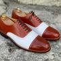 Bespoke White & Brown Square Toe Leather Shoes,Men Handmade Dress Oxford Shoes-3