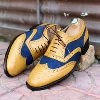 Hand Painted Blue & Yellow Wing Tip Leather Suede Shoes,Men Dress Shoes - Thumbnail 6