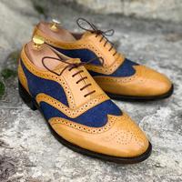 Hand Painted Blue & Yellow Wing Tip Leather Suede Shoes,Men Dress Shoes - Thumbnail 1