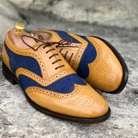 Hand Painted Blue & Yellow Wing Tip Leather Suede Shoes,Men Dress Shoes - Thumbnail 3