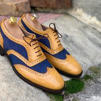 Hand Painted Blue & Yellow Wing Tip Leather Suede Shoes,Men Dress Shoes - Thumbnail 2