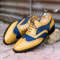 Hand Painted Blue & Yellow Wing Tip Leather Suede Shoes,Men Dress Shoes - Thumbnail 5