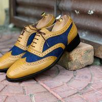 Hand Painted Blue & Yellow Wing Tip Leather Suede Shoes,Men Dress Shoes - Thumbnail 4