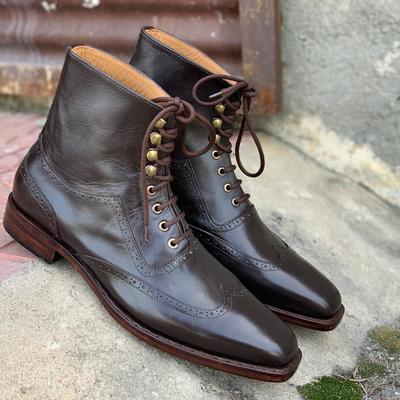Handmade chocolate brown wing tip leather ankle boots, men's formal dress boots 2021 - Thumbnail 2
