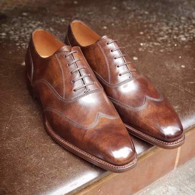 New handmade brown shoes, men's wingtip lace up leather office shoes