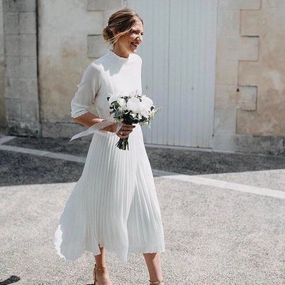 Bohemian summer beach wedding dress high neck tea length chiffon pleated simple open back women bridal gowns,806