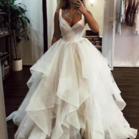 White/Ivory Ruffles Ball Gown Wedding Dress, Spaghetti straps Tulle Wedding Dresses, Bridal Gowns,807 - Thumbnail 1