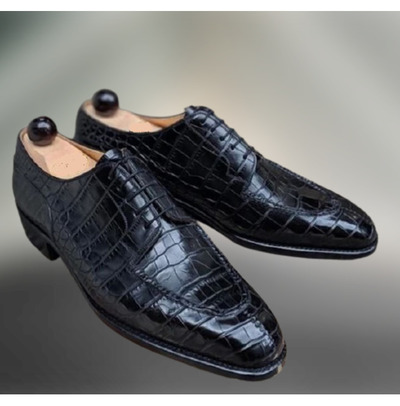 Handmade Mens Black Alligator Shoes, Men Crocodile Embossed Dress Shoes