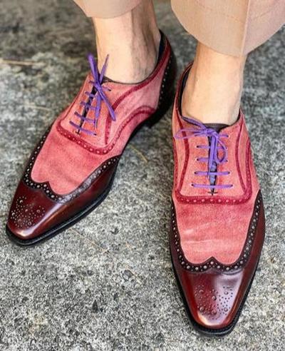 Pure Handmade Reddish Suede & Burgundy Leather Lace up Shoes for Men's
