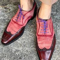 Pure Handmade Reddish Suede & Burgundy Leather Lace up Shoes for Men's - Thumbnail 4