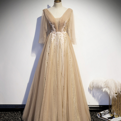 Champagne v neck lace long prom dress a line evening dress - Thumbnail 2