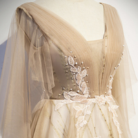 Champagne v neck lace long prom dress A line evening dress - Thumbnail 2