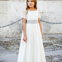 A line White Lace Short Sleeves Girls First Communion Dress,Long Girl Communion Dress，811 - Thumbnail 1