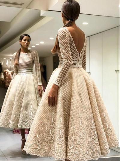 Elegant Long Sleeve Ball Gown,Tea-Length Prom Dresses,Charming Backless Appliques Scoop Neckline Tulle Evening Dresses，813
