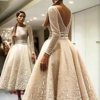 Elegant Long Sleeve Ball Gown,Tea-Length Prom Dresses,Charming Backless Appliques Scoop Neckline Tulle Evening Dresses，813 - Thumbnail 2