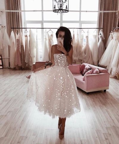 Wild Stars Ombre Light Pink Midi Wedding Dress,Sparkly Celestial Wedding Gown with Stars and Sequins，814
