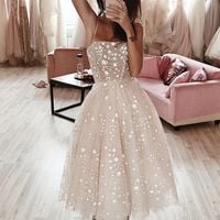 Wild Stars Ombre Light Pink Midi Wedding Dress,Sparkly Celestial Wedding Gown with Stars and Sequins，814 - Thumbnail 1