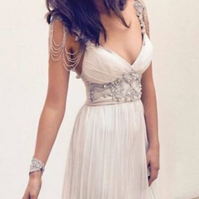 Cap sleeve beach wedding dress, rhinestone prom dress, unique beach wedding gown, dresses for prom, chiffon wedding dress,62 - Thumbnail 5