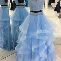 Unique Pale Blue Two Pieces Backless Organza Prom Dress Long Evening Dresses,66 - Thumbnail 1