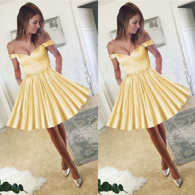 Yellow satin v-neck off the shoulder homecoming dress, short prom dress for party,69