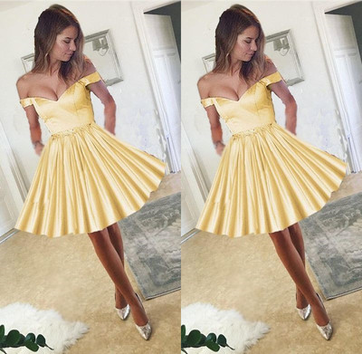 Yellow Satin V-neck Off The Shoulder Homecoming Dress, Short Prom Dress For Party,69