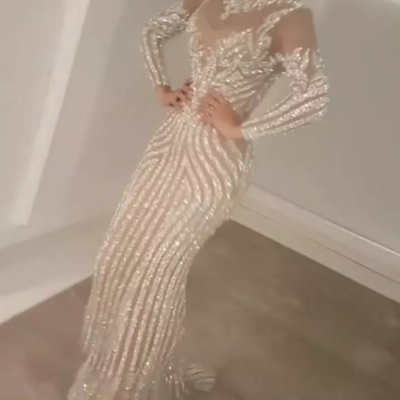 Sexy see through evening dress long sleeve 2021 sequins beaded mermaid o neck arabian lady evening gowns celebrity dress,72