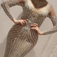 Sexy See Through Evening Dress Long Sleeve 2021 Sequins Beaded Mermaid O Neck Arabian Lady Evening Gowns Celebrity Dress,72 - Thumbnail 1