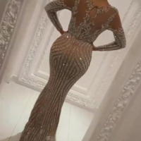 Sexy See Through Evening Dress Long Sleeve 2021 Sequins Beaded Mermaid O Neck Arabian Lady Evening Gowns Celebrity Dress,72 - Thumbnail 2