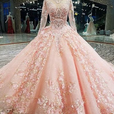 Long sleeve appliques tulle quinceanera dresses with flower, elegant beaded ball gown prom dresses, formal evening dress,73