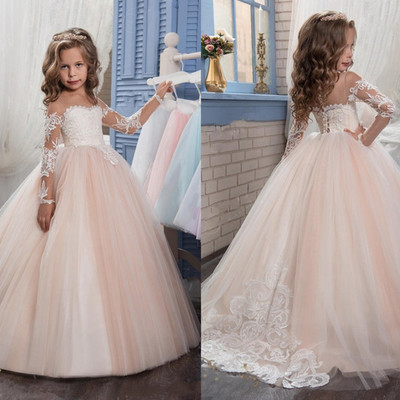 2021 arabic blush pink flower girls dresses for weddings long sleeves lace appliques ball gown birthday girl communion pageant gown,74