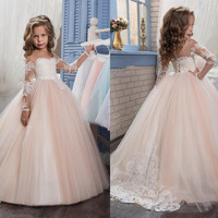 2021 Arabic Blush Pink Flower Girls Dresses For Weddings Long Sleeves Lace Appliques Ball Gown Birthday Girl Communion Pageant Gown,74 - Thumbnail 1