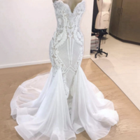 Luxury Elegant Mermaid Wedding Dress 2021 Trumpet V-neck Sleeveless African Bling Bridal White Sequin Beach Wedding Gowns,75 - Thumbnail 2