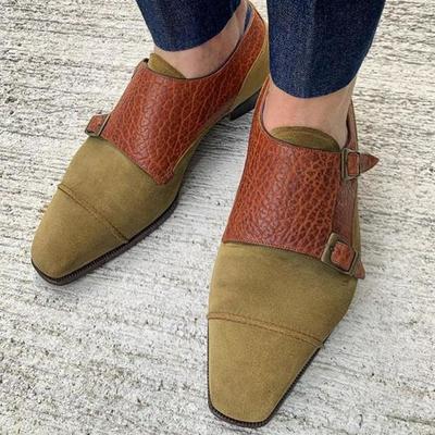 New pure handmade khaki green classic suede & brown genuine leather monk strap shoes for men's