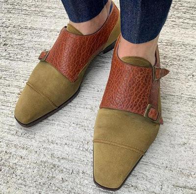 New Pure Handmade Khaki Green Classic Suede & Brown Genuine Leather Monk Strap Shoes for Men's
