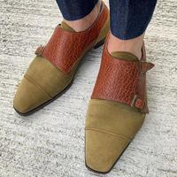 New Pure Handmade Khaki Green Classic Suede & Brown Genuine Leather Monk Strap Shoes for Men's - Thumbnail 4