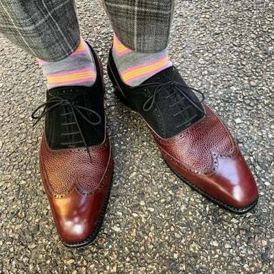 Pure handmade genuine brown leather & black suede lace up shoes for men's