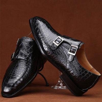 Pure handmade black alligator leather monk strap shoes for men's