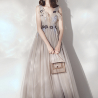Cute v neck tulle long prom dress evening dress - Thumbnail 2