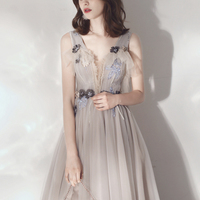 Cute v neck tulle long prom dress evening dress - Thumbnail 1