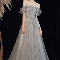 Shiny tulle long prom dress A line evening dress - Thumbnail 2