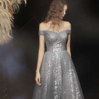 Grey long A line prom dress off shoulder evening dress - Thumbnail 1