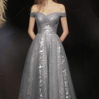Grey long A line prom dress off shoulder evening dress - Thumbnail 5